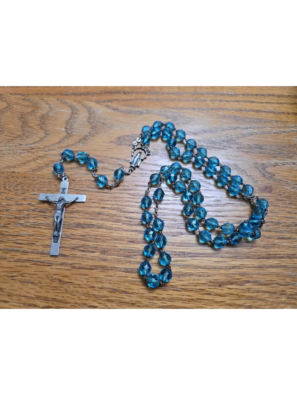 Vintage Catholic Blue Beaded Rosary Miraculous Marian Center Medal Italy